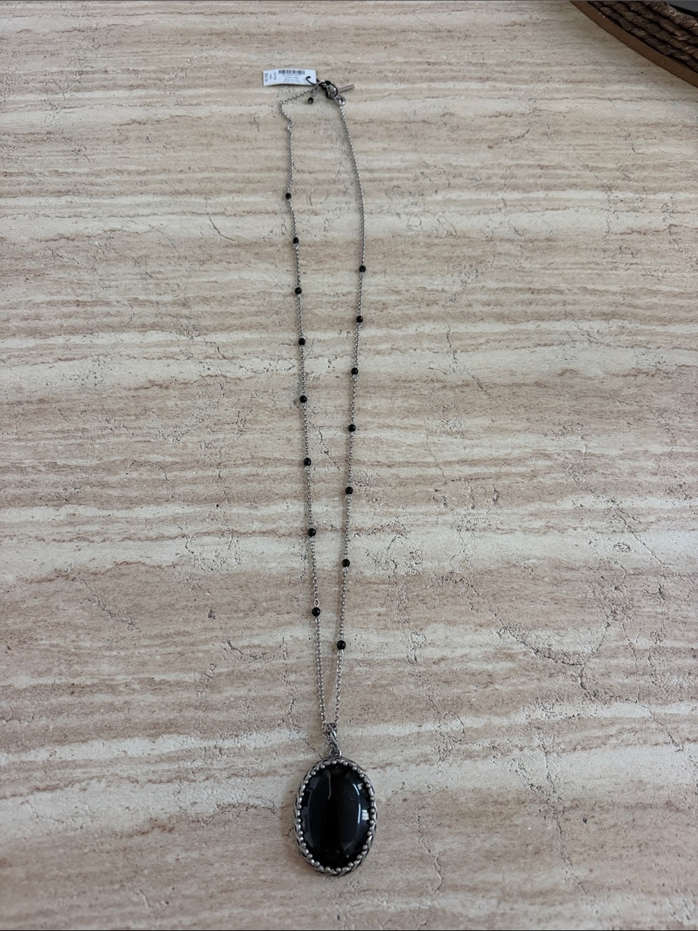 White House Black Market Silver-Tone Necklace with Black Oval Pendant